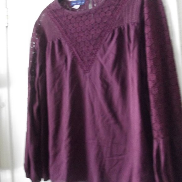 Purple Long Sleeve Peasant Top Blouse Sheer Lace with Lace - Picture 9 of 10